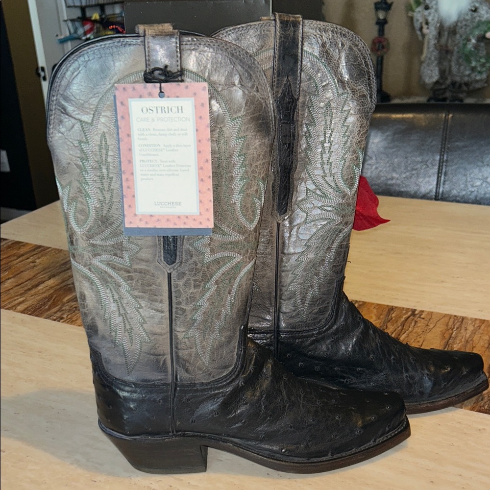Lucchese Black and Gray Ostrich Cowboy Boots